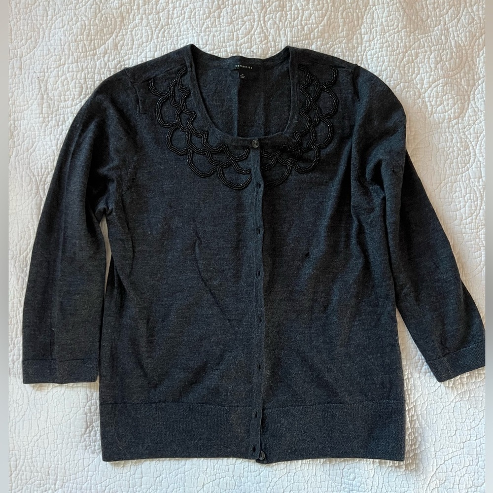 Dark grey/black wool cardigan with beaded neckline 
size xl, fits like a medium